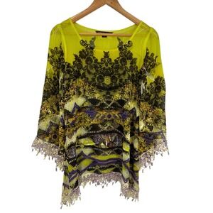 High By Sienna Rose Inc Sheer Kaftan Top M Yellow Black Purple‎ Lace Trim